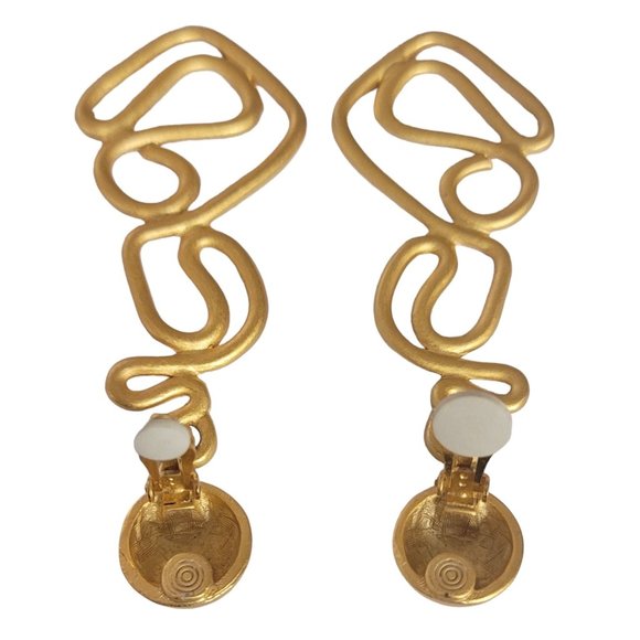 Unsigned Anne Klein Matte Gold Tone Modernist Snake Dangle Clip-On Earrings E59 - Picture 6 of 8